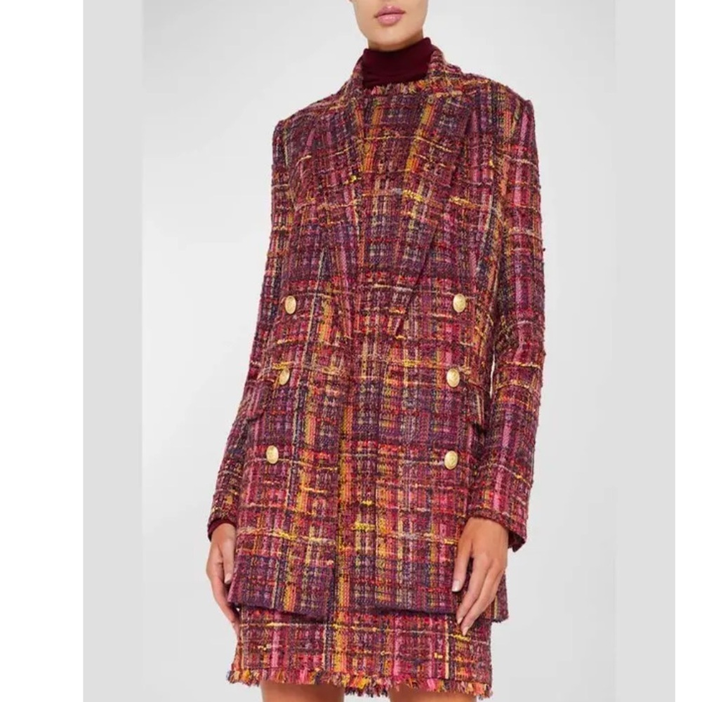 NWT L'AGENCE Aimee Double Breasted Plaid Tweed Blazer Red Pink Multi 6
